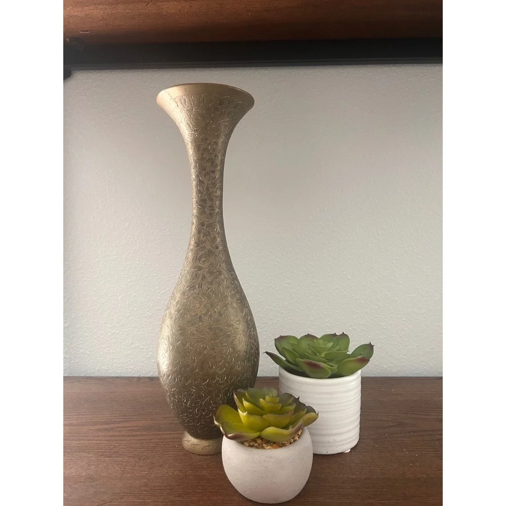 Vintage Etched Brass Bud Vase Hand‎ Crafted Made in India Floral Design 8 Inch
